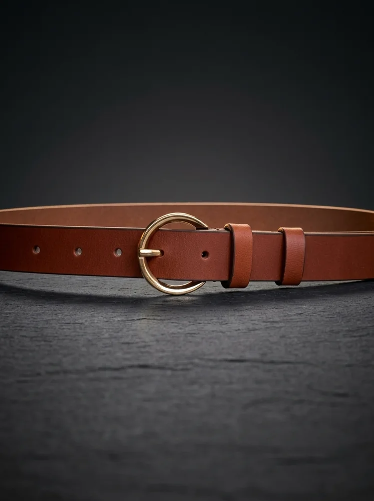 Women's Leather Belt with Gold Round Buckle