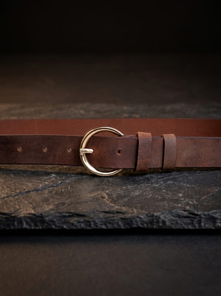 Women's Leather Belt with Gold Round Buckle