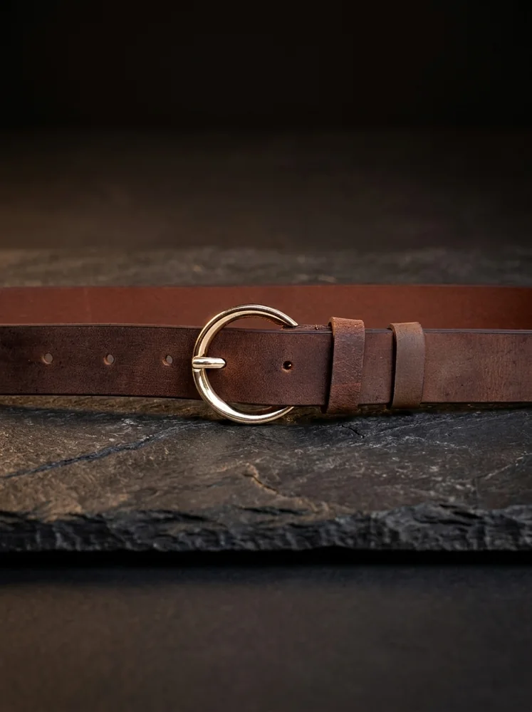 Women's Leather Belt with Gold Round Buckle