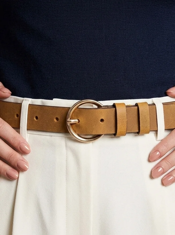 Women's Leather Belt with Gold Round Buckle (Image 2)