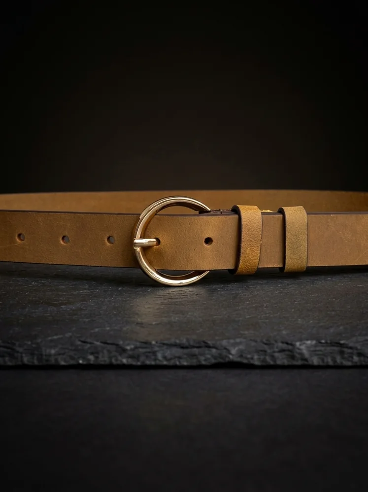 Women's Leather Belt with Gold Round Buckle