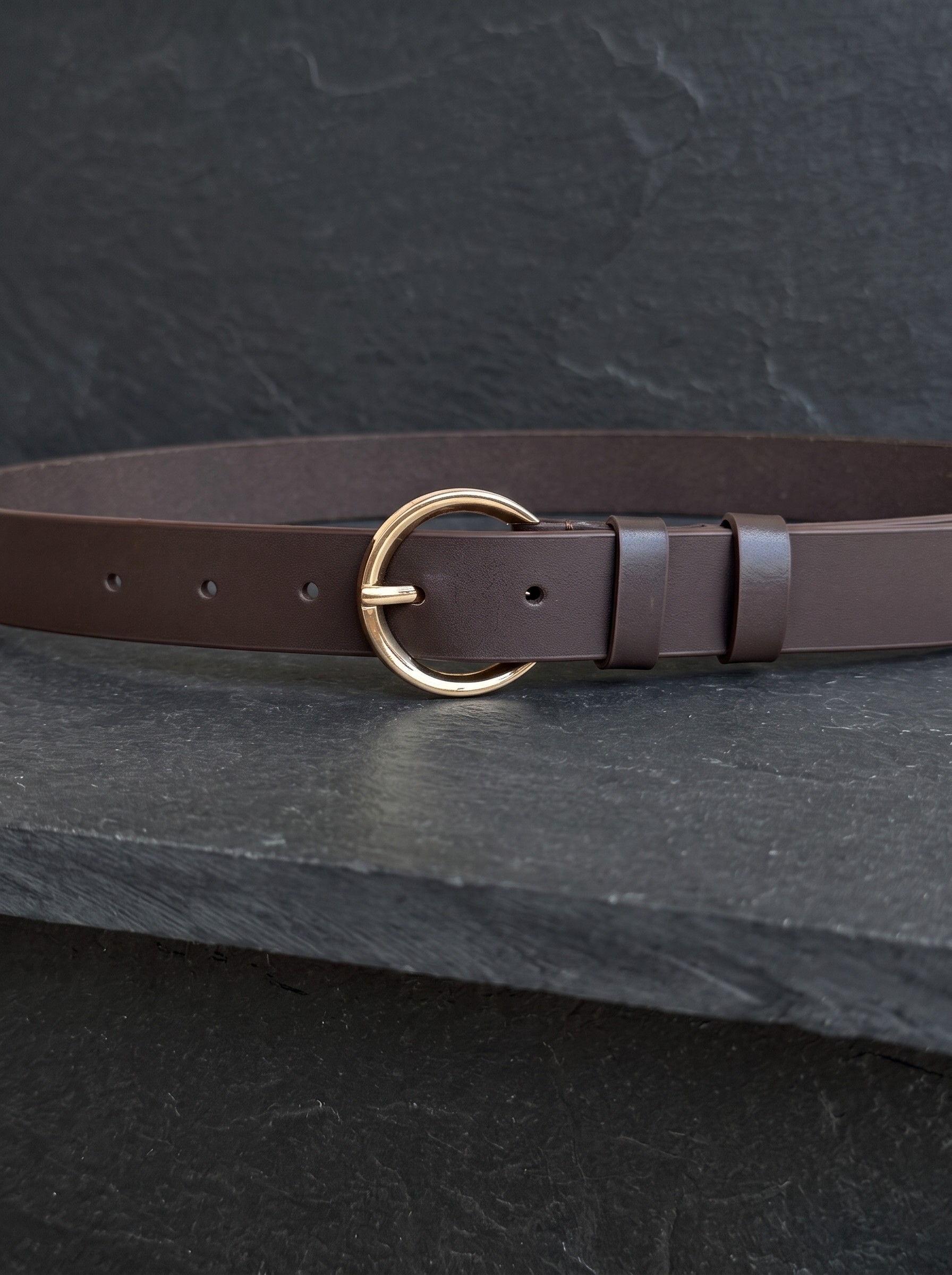 Women's Leather Belt with Gold Round Buckle