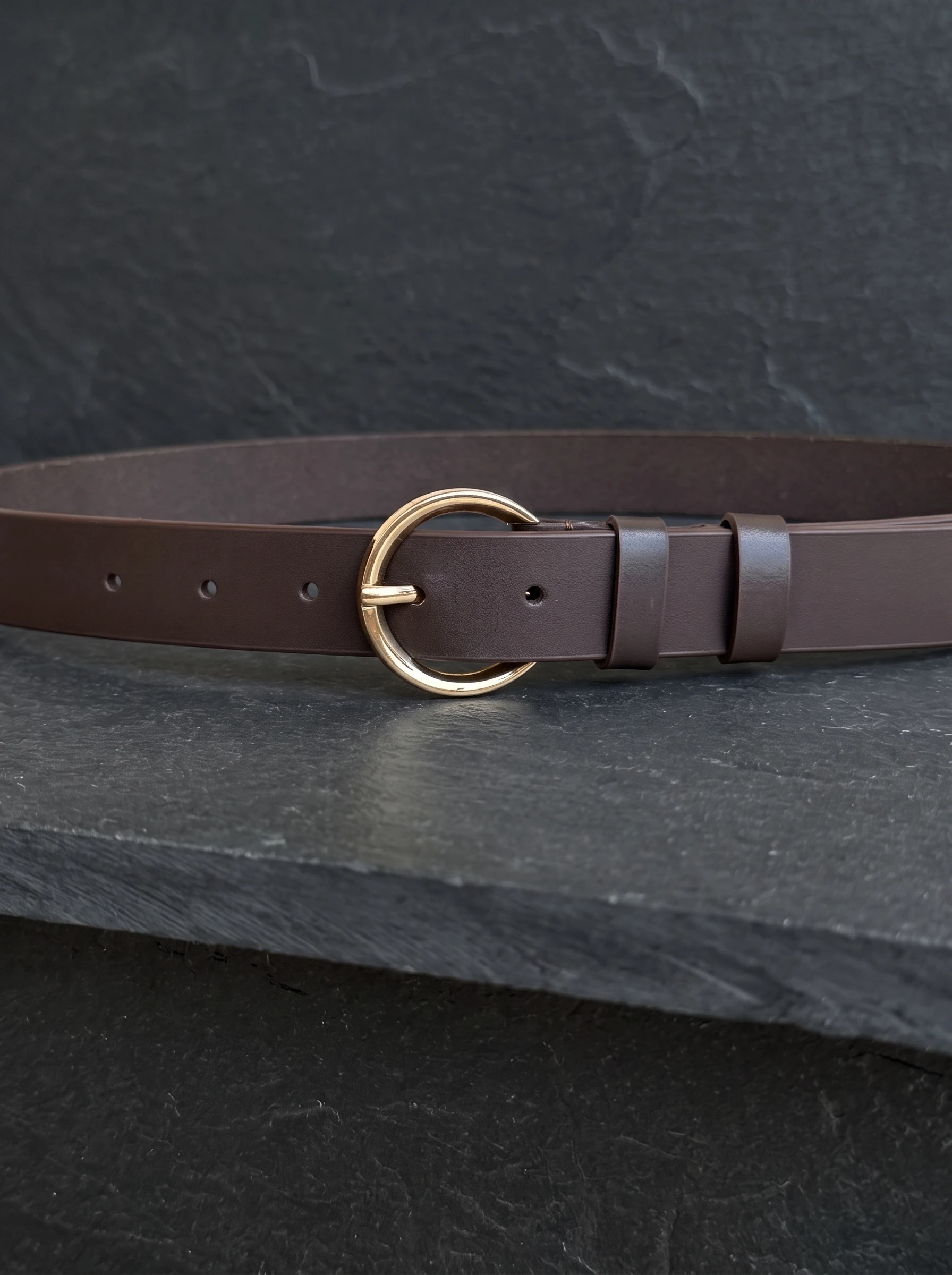 Women's Leather Belt with Gold Round Buckle