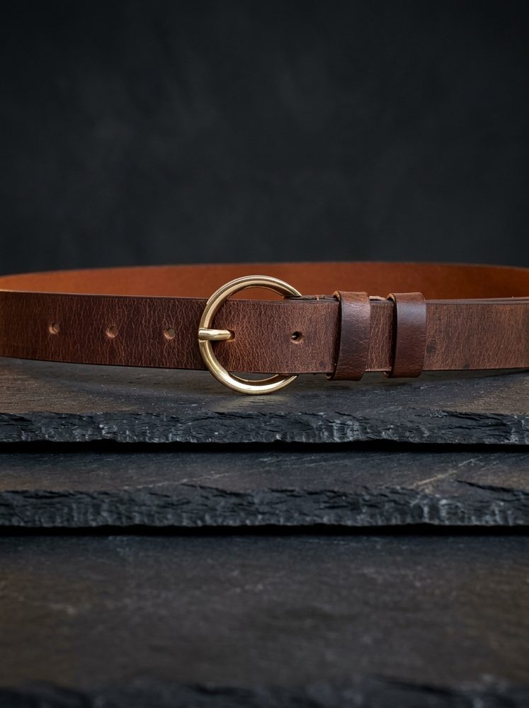 Women's Leather Belt with Gold Round Buckle