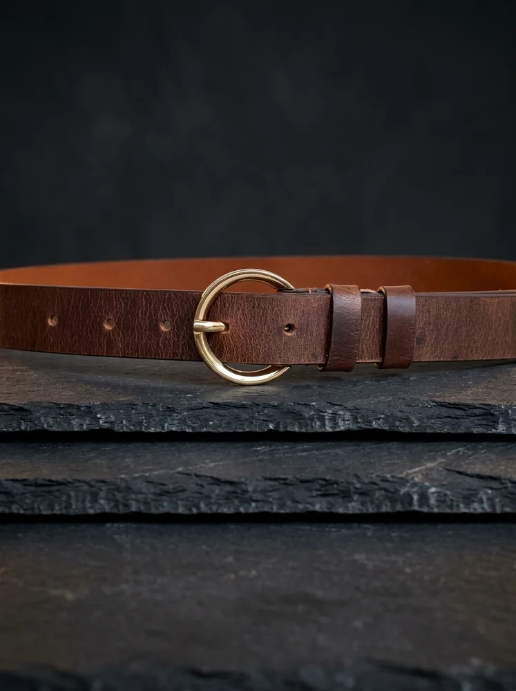 Women's Leather Belt with Gold Round Buckle